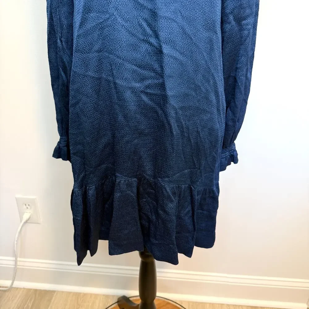 Sandro Paris Long Sleeve Tie Neck Flounce Hem Mini Dress In Navy Blue Size 36